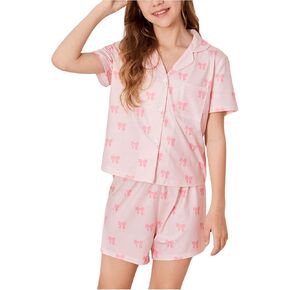 OYOANGLE Girl's 2 Piece Outfits Bow Print Button Down Shirt and Straight Leg Shorts Summer Clothes Set