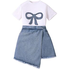 Verdusa Girl's 2 Piece Summer Outfit Bow Print Short Sleeve Tees Asymmetrical Jean Shorts Set