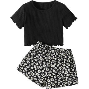 SOLY HUX Toddler Girl's 2 Piece Summer Outfits Short Sleeve Tee Tops and Floral Print Shorts Set