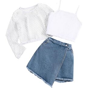 MakeMeChic Girl's 3 Piece Outfits Crop Top Hollow Out Blouse and Raw Trim Denim Mini Skirt Set
