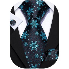 Barry.Wang Christmas Ties for Men Necktie Festival Tie Sets Xmas Tree Snowflakes Handkerchief Cufflinks Party Holiday