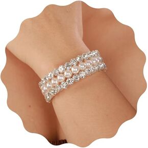 Yertter Wedding Silver 3 Row Pearl Rhinestone Bracelet Bracelet Bracelet Bracelet Wrap Cuff Cuff Bracelet Crystal Pracelet For Women Brides (Silver 3)
