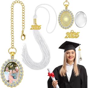 XunYee 2 Pcs Graduation Tassel Memorial Photo Charm 2025 Graduation Cap Sewing Tassels Picture Frame with Chain for Mortarboard Cap Topper Grad Gift(White)