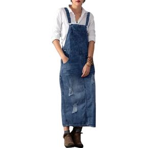 Womens Ripped Jean Overall Dress Summer Adjustable Straps Bib Split Distressed Denim Long Dress with Pockets