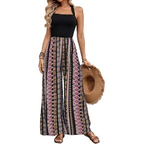 BARASA Women's Summer Leaf Print Hanging Neck Jumpsuit Vacation Beaches Backless Wide Leg Jumpsuit S631