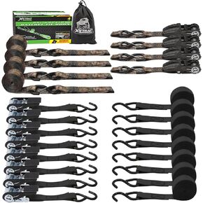 XSTRAP STANDARD Ratchet Tie Down Straps 8PK 1'' x 10 ft - 900 LB Break Strength Cargo Straps for Moving Appliances, Lawn Equipment, Motorcycle (Black) + 4-Pack Ratchet tie-Down Straps (1" x 15 ft) Fe