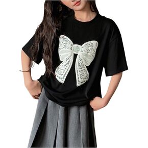 Girl's Bow Graphic Tees Crew Neck Short Sleeve Cute Tee Shirt