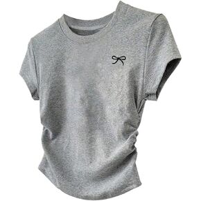 Girl's Bow Graphic Tees Short Sleeve Crew Neck T Shirt Slim Fit Ruched Tops 2025 Summer Top