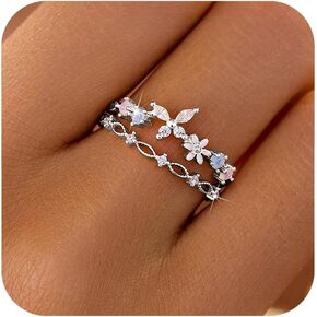 LOVECOM 925 Sterling Silver Cute Butterfly Daisy Flower Rings for Women 14K Gold Plated 2 Layered Colorful Opal CZ Floral Boho Stackable Statement Ring Jewelry Birthday Gifts to Daughter