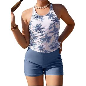 Girl's 2 Piece Tankini Set Tropical Print Bathing Suits Hawaiian Swimsuits with Shorts Beachwear Tankini