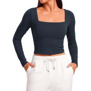 CRZ YOGA Womens Butterluxe Double Lined Long Sleeve Crop Top Square Neck Workout Athletic Casual Cropped Fitted Basic Shirts
