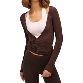 Luckinbaby Women Wrap Long Sleeve Workout T Shirts V Neck Ruched Tie Front Yoga Shirts Slim Fit Pilates Blouse Activewear in Kuwait