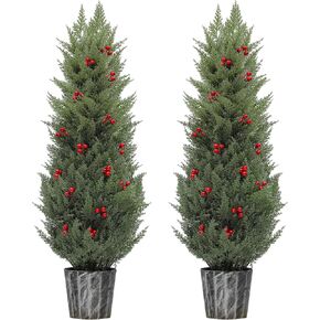 YITAHOME Artificial Cedar Topiary Trees 4FT, UV Resistant Potted Fake Cypress Trees Faux Cedar Topiary Evergreen Potted Plants for Outdoor Home Porch, Office, Indoor Outdoor Decoration (2 Pack)