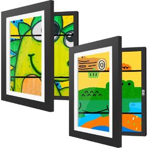 2 Pack Kids Art Frames 8.5 × 111 بوصة قابلة للتغيير للأطفال ، فليب فنية ، إطار لعرض الصورة ، وتخزين مشاريع رسم المدرسة ، وجدار عمودي أفقياً ، والفتحة الأمامية الأسود