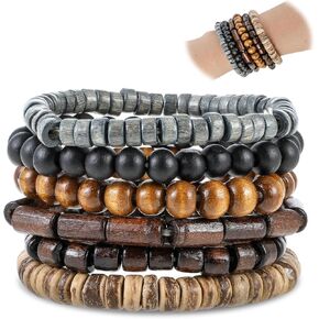 6 Pcs Mens Beaded Bracelets Set Gothic Style Wooden Bead Bracelet Men Detachable Multi-Layer Elastic Bracelets for Men Punk Rock Style Personalized Wooden Jewelry Great Gift Choice