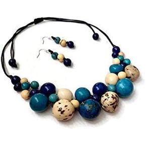 قلادة تاجوا باللون الأزرق والعاج الأبيض. Tagua ، قلادة مريلة Pambil ، مصنوعة يدويًا Tagua Nut Jewelry Tag615