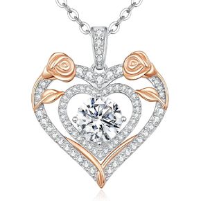 Moissanite Heart Pendant Necklaces for Women, 925 Sterling Silver Gold Plating Rose Flower Lab-Created Gem Necklace, Ideal Anniversary Birthday Christmas Valentine Engagements Mothers Day Jewelry Gifts for Mom Wife Girlfriend Daughter Her