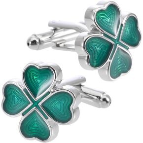 Green Four Leaf Clover Cufflinks for Men Lady In Gift Case Silver Good Luck Men's Cufflinks Jewelry Set for Wedding Party Anniversary Business Events Tuxedo Dress
