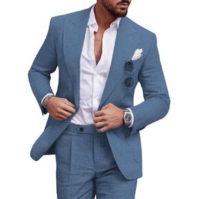 UNINUKOO Linen Suit for Men Summer Wedding 2 Piece Suit Set Peak Lapel Casual Blazer Pants Beach Wear for Men