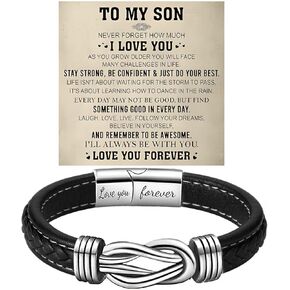 To My Son Bracelet From Mom, Infinity Knot Love You Forever Linked Together Stainless Steel Handmade Leather Cuff Mens Birthday Weave Gift Jewelry