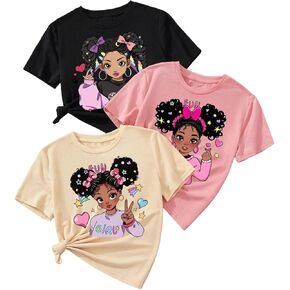 OYOANGLE Girl's 3 Pack Graphic Print Cartoon T Shirts Crew Neck Short Sleeve Cute Casual Tee Tops