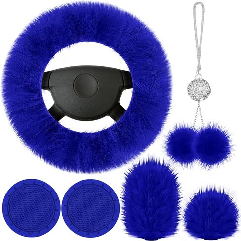 Frienda 6 Pieces Fluffy Car Accessories Set Fluffy Steering Wheel Cover Soft Fuzz Handbrake Gear Shift Cover Bling Mirror Fuzz Bling Car Pad Decoration in Saudi Arabia