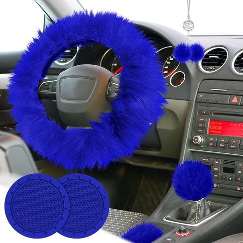 Frienda 6 Pieces Fluffy Car Accessories Set Fluffy Steering Wheel Cover Soft Fuzz Handbrake Gear Shift Cover Bling Mirror Fuzz Bling Car Pad Decoration in Saudi Arabia