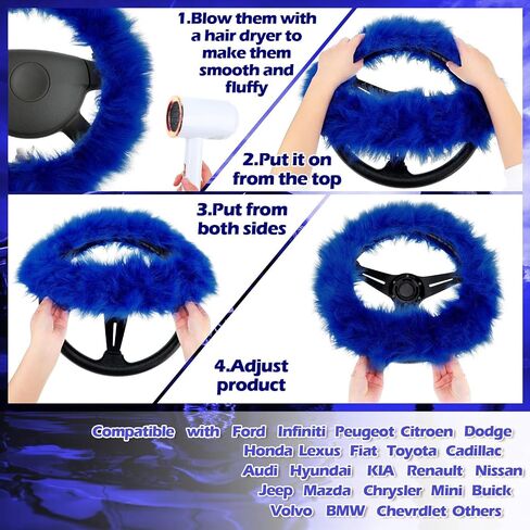 Frienda 6 Pieces Fluffy Car Accessories Set Fluffy Steering Wheel Cover Soft Fuzz Handbrake Gear Shift Cover Bling Mirror Fuzz Bling Car Pad Decoration in Saudi Arabia