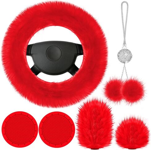Frienda 6 Pieces Fluffy Car Accessories Set Fluffy Steering Wheel Cover Soft Fuzz Handbrake Gear Shift Cover Bling Mirror Fuzz Bling Car Pad Decoration in Saudi Arabia