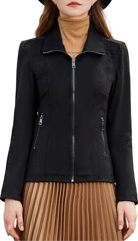 S P Y M Womens Faux Leather Jacket, Casual Fashion Quilted Zip Up Suede Coat With Elastic Rib in Saudi Arabia