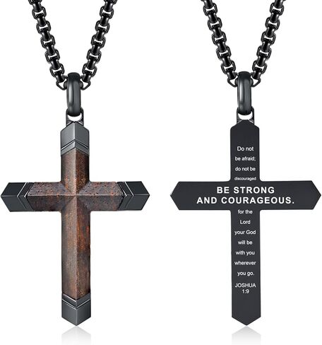 Wooden Cross Bible Verse Necklace for Men, Hawaiian Handmade Real Black Ebony Wood Cross Pendant Stainless Steel Chain, Mens Cross Necklaces Koa Wood Jewelry Christian Baptism Easter Gifts in Kuwait