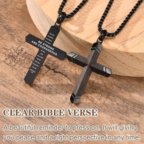 Wooden Cross Bible Verse Necklace for Men, Hawaiian Handmade Real Black Ebony Wood Cross Pendant Stainless Steel Chain, Mens Cross Necklaces Koa Wood Jewelry Christian Baptism Easter Gifts in Kuwait