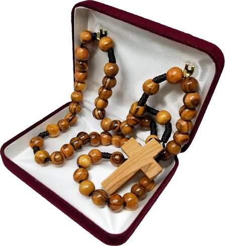 TREE OF LIFE REV. 22:14 Holy Land Olive Wood Catholic Rosary from Israel, Solid Wooden Dangling Cross Pendant, Large Beads, For Men and Women, Housed in Gift Ready Red Velvet Box, Rosario Católico in Kuwait