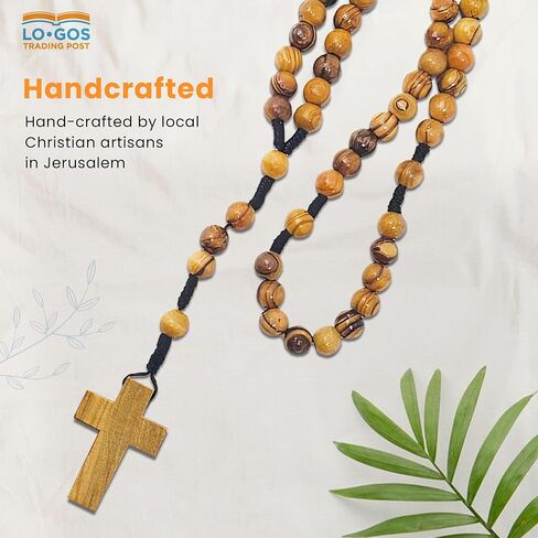 TREE OF LIFE REV. 22:14 Holy Land Olive Wood Catholic Rosary from Israel, Solid Wooden Dangling Cross Pendant, Large Beads, For Men and Women, Housed in Gift Ready Red Velvet Box, Rosario Católico in Kuwait