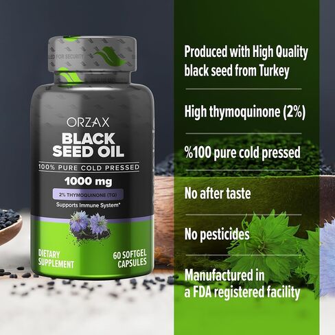 ORZAX Black Seed Oil Capsules, 90 Days Supply, 2% Thymoquinone, Non-GMO, Gluten Free, Cold Pressed Black Cumin Pills, Nigella Sativa in Saudi Arabia