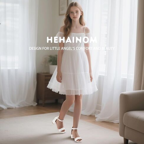 Hehainom Girls Dress Shoes Heels Sandals Little Big Kids Square-Toe Ankle Strap Wedding Party Flower Girls Shoes in Kuwait