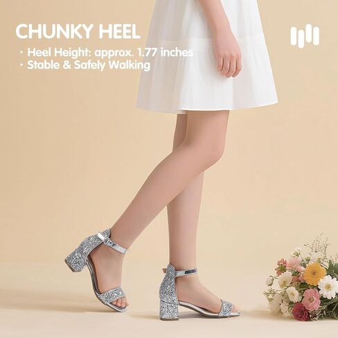 Hehainom Girls Dress Shoes Heels Sandals Little Big Kids Square-Toe Ankle Strap Wedding Party Flower Girls Shoes in Kuwait