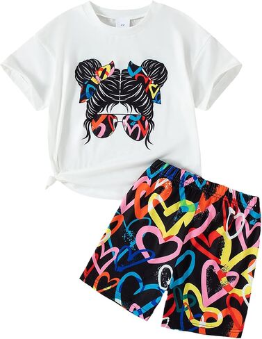 Toddler Girls Clothes Summer Outfits Graphic Letter Print Tee Shirt and Shorts 2Pcs Clothing Set 2-7T in Kuwait