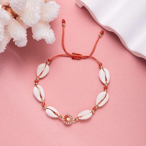Boho Shell Bracelet for Women Adjustable Natural Cowrie Shell Bracelet Dainty Colour Daisy Flower Bracelet Handmade White Seashell Bracelet Summer Beach Jewelry for Women in Saudi Arabia