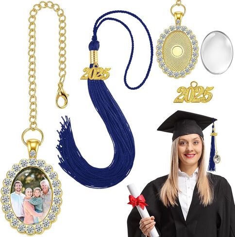 XUNYEE 2 PCS التخرج Tassel Memorial Photo Charm 2025 Cap Cap Tassels إطار الصورة مع سلسلة لخريج ملاط ​​غلاف جريبر (أبيض) in Kuwait