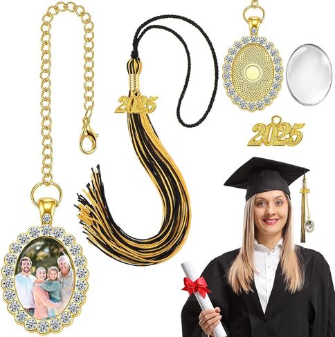 XUNYEE 2 PCS التخرج Tassel Memorial Photo Charm 2025 Cap Cap Tassels إطار الصورة مع سلسلة لخريج ملاط ​​غلاف جريبر (أبيض) in Kuwait