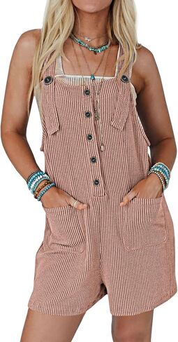 Yousify Women's Short Romper for Summer Casual Button Stripped Jumpsuit Adjustable Straps Cute Mini Overall with Pocket in Saudi Arabia