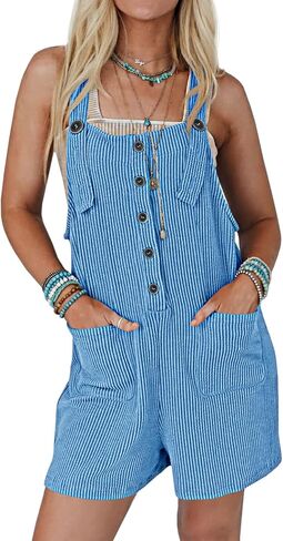 Yousify Women's Short Romper for Summer Casual Button Stripped Jumpsuit Adjustable Straps Cute Mini Overall with Pocket in Saudi Arabia