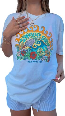 Vintage Oversized Flower Graphic Tees Cute Surfboard Palm Baggy T-Shirts Summer Preppy Beach Tops Teen Girls Clothes in Saudi Arabia