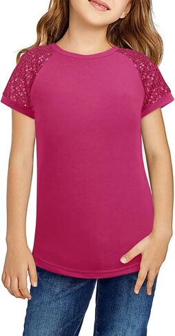 Haloumoning Girls Sequin Short Sleeve T Shirts Kids Summer Crewneck Tops Fashion Tees 5-14 Years in Kuwait