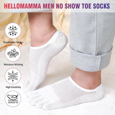 Hellomamma No Show Toe Socks for Men: 5 Finger Hidden Cotton Low Cut Socks for Running Walking Sports 4 Pairs Size 6-15 in Saudi Arabia