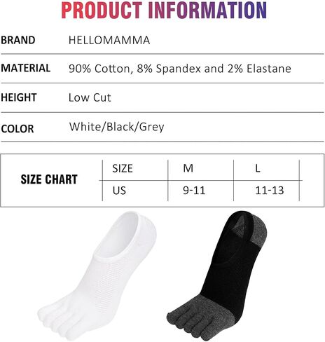 Hellomamma No Show Toe Socks for Men: 5 Finger Hidden Cotton Low Cut Socks for Running Walking Sports 4 Pairs Size 6-15 in Saudi Arabia