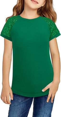 Haloumoning Girls Sequin Short Sleeve T Shirts Kids Summer Crewneck Tops Fashion Tees 5-14 Years in Kuwait
