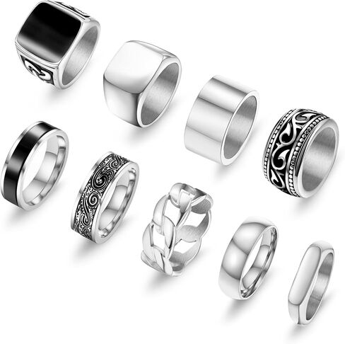 9 Pcs Men's Stainless Steel Vintage Signet Ring Set: Square, Pinky, Thumb, Chunky, Thin Band, Cuban Link, Biker Rings for Men in Saudi Arabia