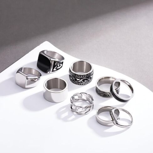 9 Pcs Men's Stainless Steel Vintage Signet Ring Set: Square, Pinky, Thumb, Chunky, Thin Band, Cuban Link, Biker Rings for Men in Saudi Arabia